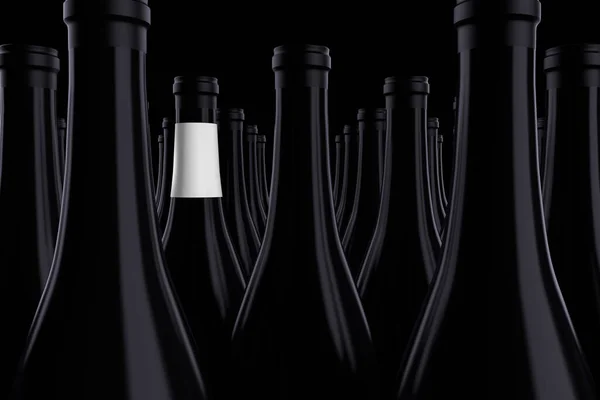 ブラックワインボトルの列 黒の背景にあなたのデザインのための白いラベルを持つもの 3Dレンダリング — ストック写真
