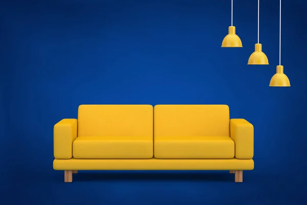Yellow Simple Modern Sofa Furniture Yellow Ceiling Lamp Blue Background — Stock Photo, Image