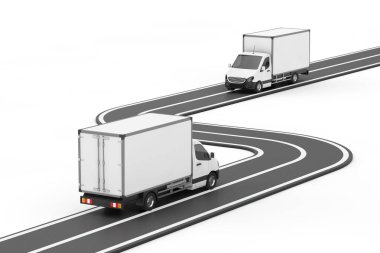 Beyaz arka planda iki Kargo Van Minibus, Sarmal Asfalt Yolu 'nda ilerliyor. 3d Hazırlama 