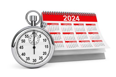 2024 yıllık takvim, beyaz arka planda kronometreyle. 3d Hazırlama