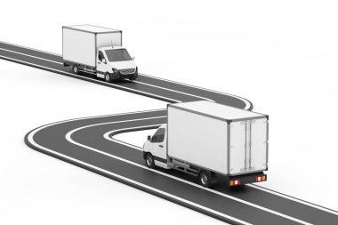 Beyaz arka planda iki Kargo Van Minibus, Sarmal Asfalt Yolu 'nda ilerliyor. 3d Hazırlama 