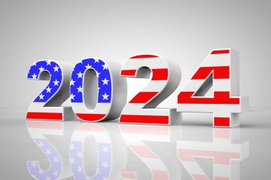 Yeni Yıl 2024 Gri arka planda ABD Bayrağı olarak tabelasını. 3d Hazırlama