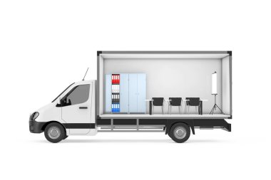 Beyaz arka planda, Kargo Van Minibus 'un Nakliye Bölümü' ndeki Ofis İçişleri Objeleri. 3d Hazırlama 