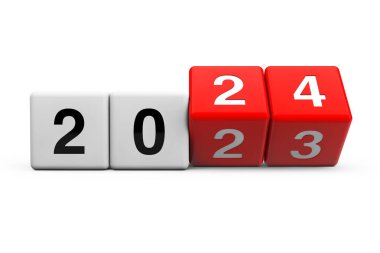 2023 'ten 2024' e beyaz arka planda geçiş yapan bloklar. 3d Hazırlama