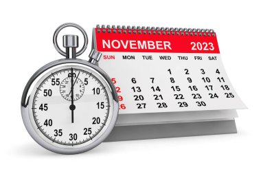 2023 Kasım takvimine göre Kronometre beyaz arka planda. 3d oluşturma