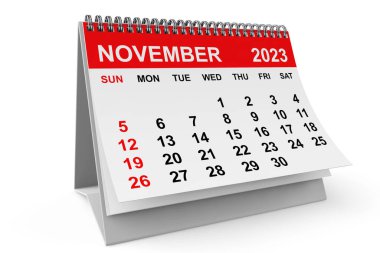 2023 Kasım takvimi beyaz arka planda. 3d oluşturma