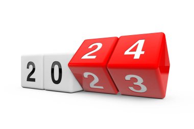 2023 'ten 2024' e beyaz arka planda geçiş yapan bloklar. 3d Hazırlama