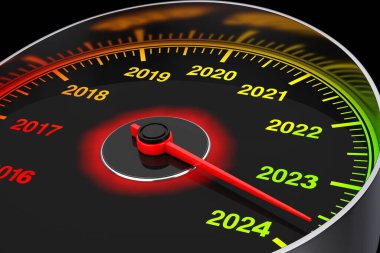 Siyah arka planda kavramsal 2024 yılbaşı hız göstergesi. 3d Hazırlama