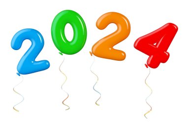 Beyaz arka planda 2024 Yeni Yıl tabelası olarak çok renkli balonlar. 3d Hazırlama