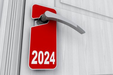Kapıda 2024 Yeni Yıl tabelası var. Etiketi rahatsız etmeyin. 3d Hazırlama