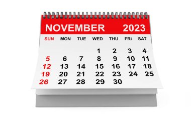 2023 Kasım takvimi beyaz arka planda. 3d oluşturma
