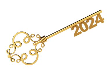 Beyaz arka planda 2024 yıllık tabelası olan Altın Vintage Key. 3d Hazırlama