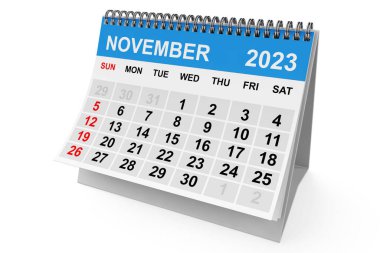 2023 Kasım takvimi beyaz arka planda. 3d oluşturma