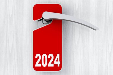 Kapıda 2024 Yeni Yıl tabelası var. Etiketi rahatsız etmeyin. 3d Hazırlama