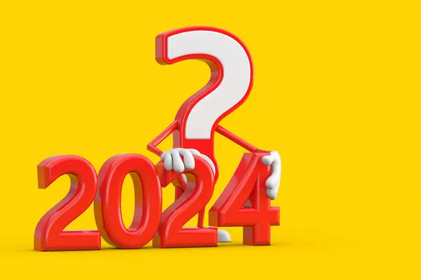 Question Mark Sign Cartoon Character Person Mascot with Red 2024 New Year Sign on a yellow background. 3d Rendering