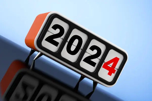 Retro Flip Clock 2024 New Year Sign Blue Background Rendering — Stock Photo, Image