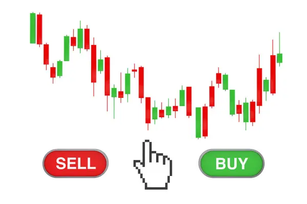 Gráfico Patrones Candelabros Financieros Verdes Rojos Con Cursor Mano Píxel —  Fotos de Stock