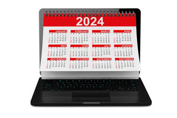 2024 Rok Kalendarz Nad Ekranem Laptop Białym Tle Renderowanie — Zdjęcie stockowe