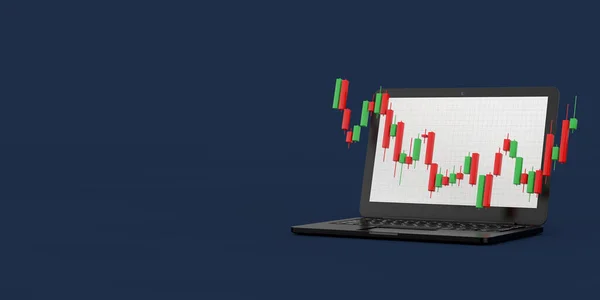 Green and Red Trading Financial Candlesticks Pattern Chart in Front of Modern Laptop Notebook Computer on a dark blue background. 3d Rendering