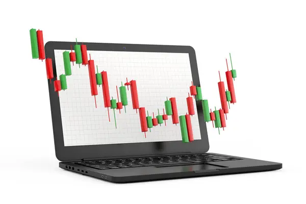 Zelená Červená Trading Finanční Svícny Vzor Graf Před Moderní Notebook — Stock fotografie