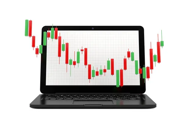Zöld Piros Trading Pénzügyi Gyertyatartók Minta Diagram Előtt Modern Laptop — Stock Fotó