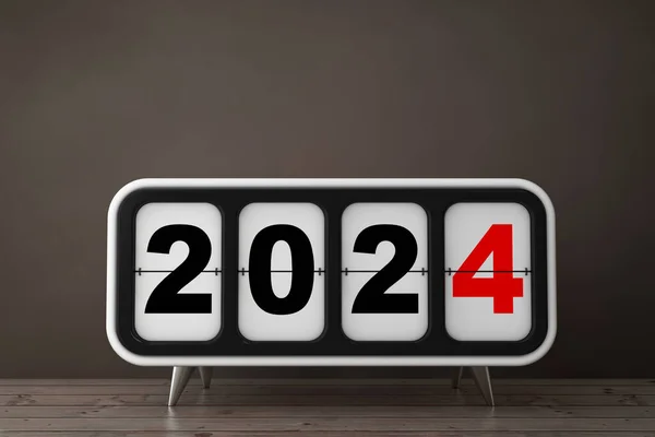 Retro Flip Clock with 2024 New Year Sign on a wooden table. 3d Rendering