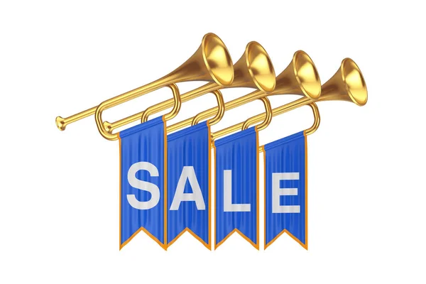Golden Fanfare Trumpets Sale Sign Blue Flags White Background Rendering — Stock Photo, Image