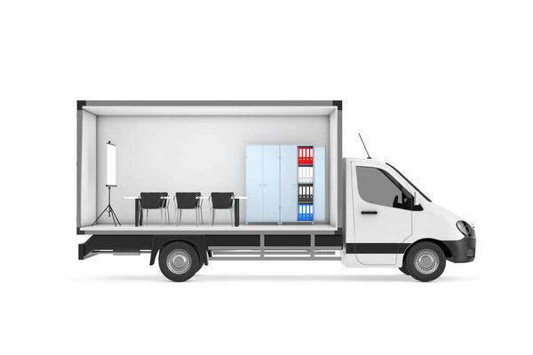 Офисные интерьеры в грузовом отсеке микроавтобуса на белом фоне. 3D-рендеринг 