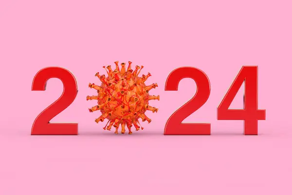 2024 Year with Zero Symbol as COVID-19 Corona Viruses Bacterias on a pink background. 3d Rendering