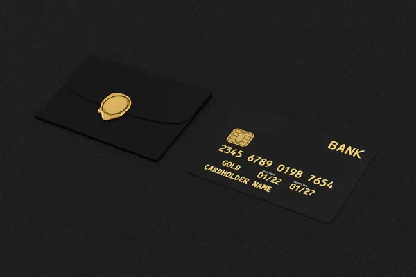 Black Plastic Golden Credit Card with Chip and Credit Card Package Envelope on a black table background. 3d Rendering