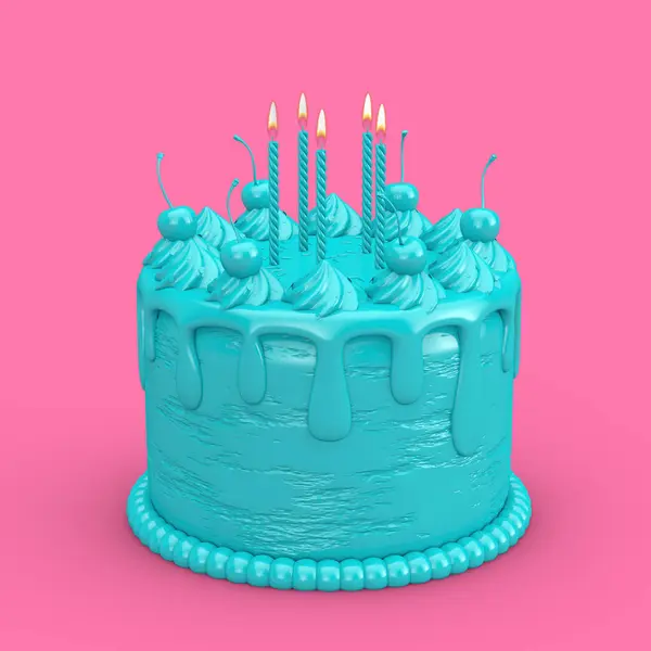 Streszczenie Blue Birthday Cartoon Deser Cherry Cake Świecami Stylu Duotone — Zdjęcie stockowe