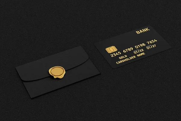 Black Plastic Golden Credit Card with Chip and Credit Card Package Envelope on a black table background. 3d Rendering