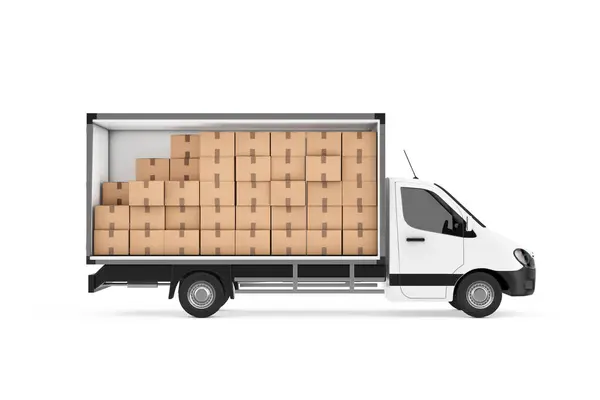 Stack Many Cardboard Boxes Parcels Freight Compartment Cargo Van Minibus — Fotografia de Stock