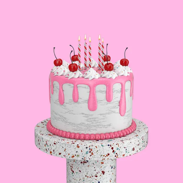 Tuotteen Vaiheessa Tiivistelmä Syntymäpäivä Sarjakuva Jälkiruoka Cherry Cake Kynttilät Vaaleanpunainen — kuvapankkivalokuva