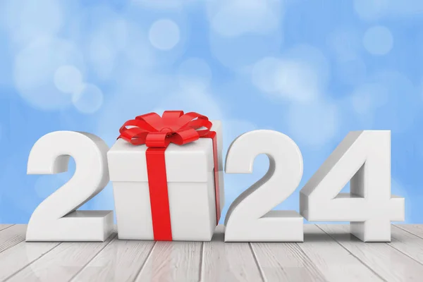 2024 Новогодний Знак Подарочной Коробкой Красной Лентой Деревянном Столе Рендеринг — стоковое фото