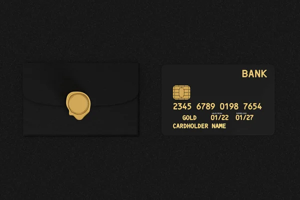 Siyah Masa Arkaplanında Çip Kredi Kartı Zarflı Siyah Plastik Kredi — Stok fotoğraf