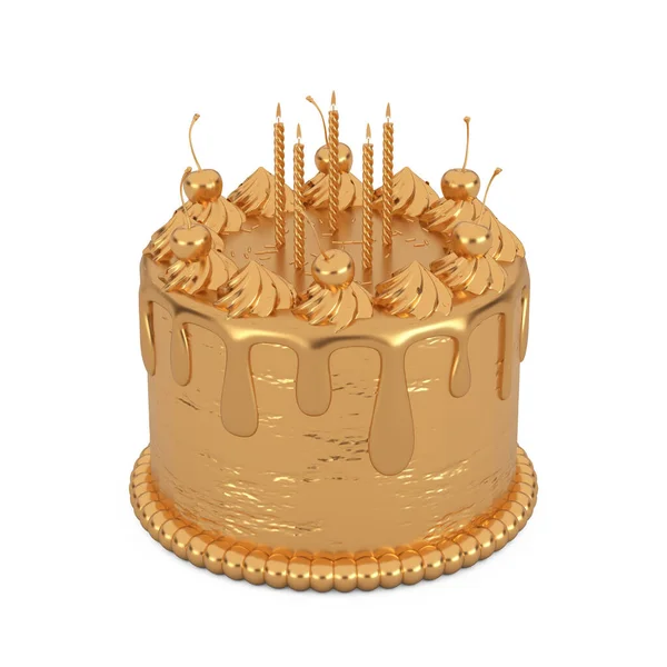 Streszczenie Golden Birthday Cartoon Deser Cherry Cake Świeczkami Białym Tle — Zdjęcie stockowe