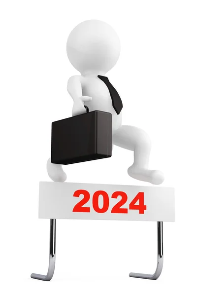 Biznesmen Przeskoczyć 2024 Roku Bariery Białym Tle Renderowanie — Zdjęcie stockowe