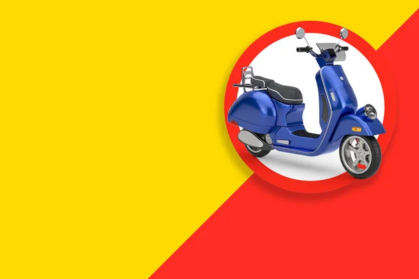 ブルークラシックヴィンテージレトロまたはエレクトリックスクーターモトバイクラベルタグ 黄色と赤の背景にあなたのデザインのための無料スペース 3Dレンダリング — ストック写真