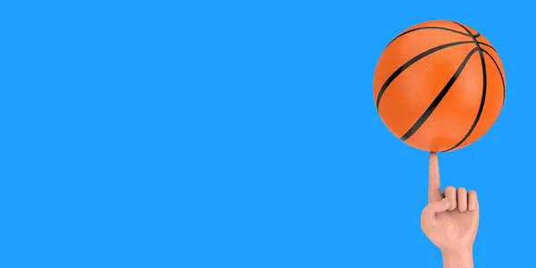 Basketball Ball Spinning on a Cartoon Hand Finger on a blue background. 3d Rendering