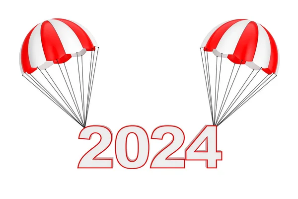 Gelukkig Nieuwjaar 2024 Sign Flying Parachute Een Witte Achtergrond Rendering — Stockfoto