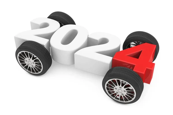 2024 Рік Концепція Колесами Автомобілів Білому Тлі Рендерингу — стокове фото