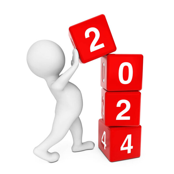 New 2024 Year Concept. Person Placing 2024 New Year Cubes on a white background. 3d Rendering