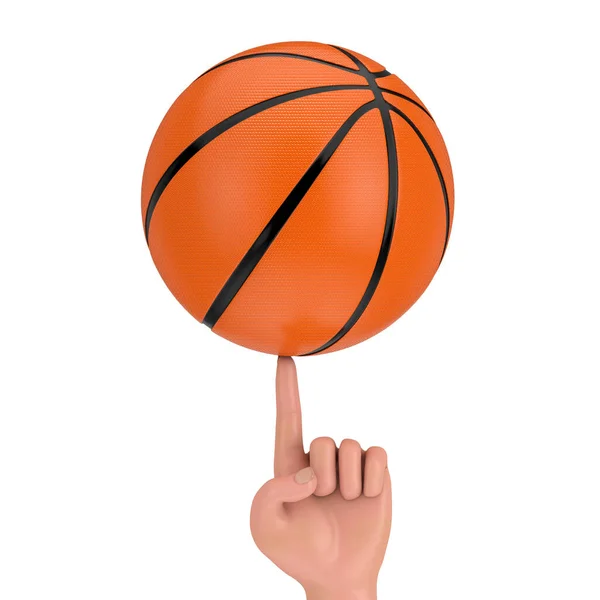 Pallone Basket Spinning Fumetto Mano Dito Uno Sfondo Bianco Rendering — Foto Stock