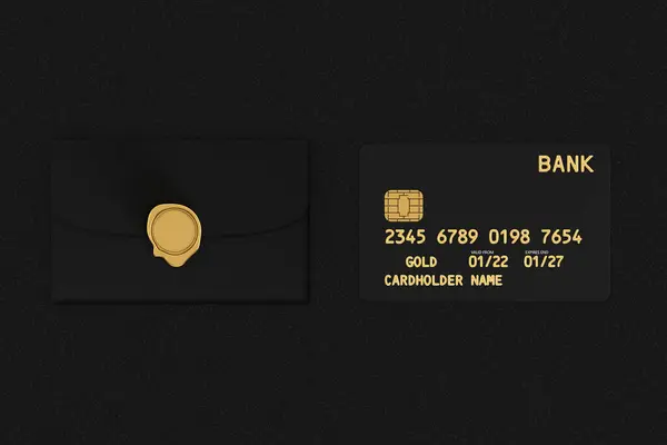 Svart Plast Gyllene Kreditkort Med Chip Och Kreditkort Paket Kuvert Stockbild