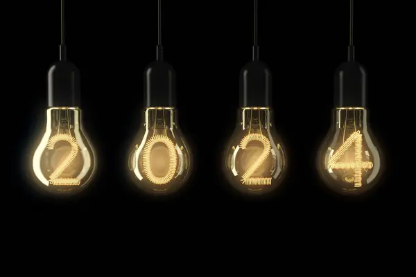 Лампочки Освітлені 2024 Року Чорному Тлі Рендерингу Ліцензійні Стокові Зображення
