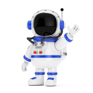Beyaz bir arka planda şirin bir Maskot Astronot Karakteri El sallıyor. 3d Hazırlama 
