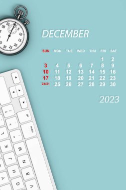 2023 yıllık takvim. Klavye ve Klavye ile Aralık takvimi. 3d Hazırlama