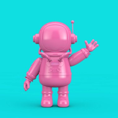 Mavi arka planda pembe sevimli maskot astronot karakteri el sallayan insan figürleri. 3d Hazırlama 