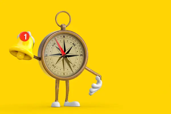 Antique Vintage Brass Compass Cartoon Person Character Mascot witn Cartoon Social Media Notification Bell and New Message Icon on a yellow background. 3d Rendering